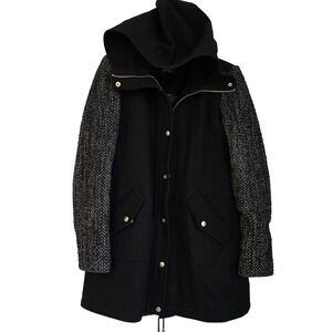 Jessica Simpson Hooded Wool Blend Coat Black Herringbone Sleeve Parka Jacket - M